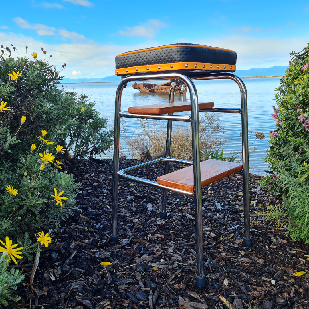 Retro Chrome Step Stool - Seat - Wooden Steps