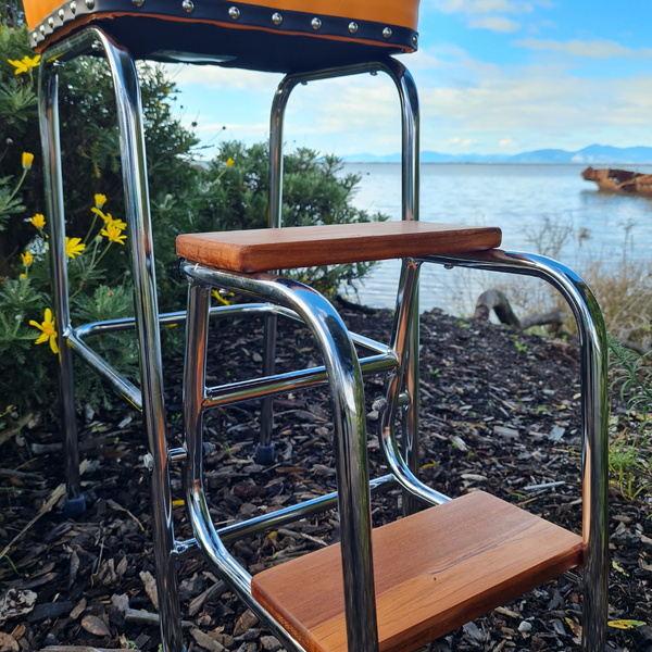 Retro Chrome Stool - Seat - Wooden Steps